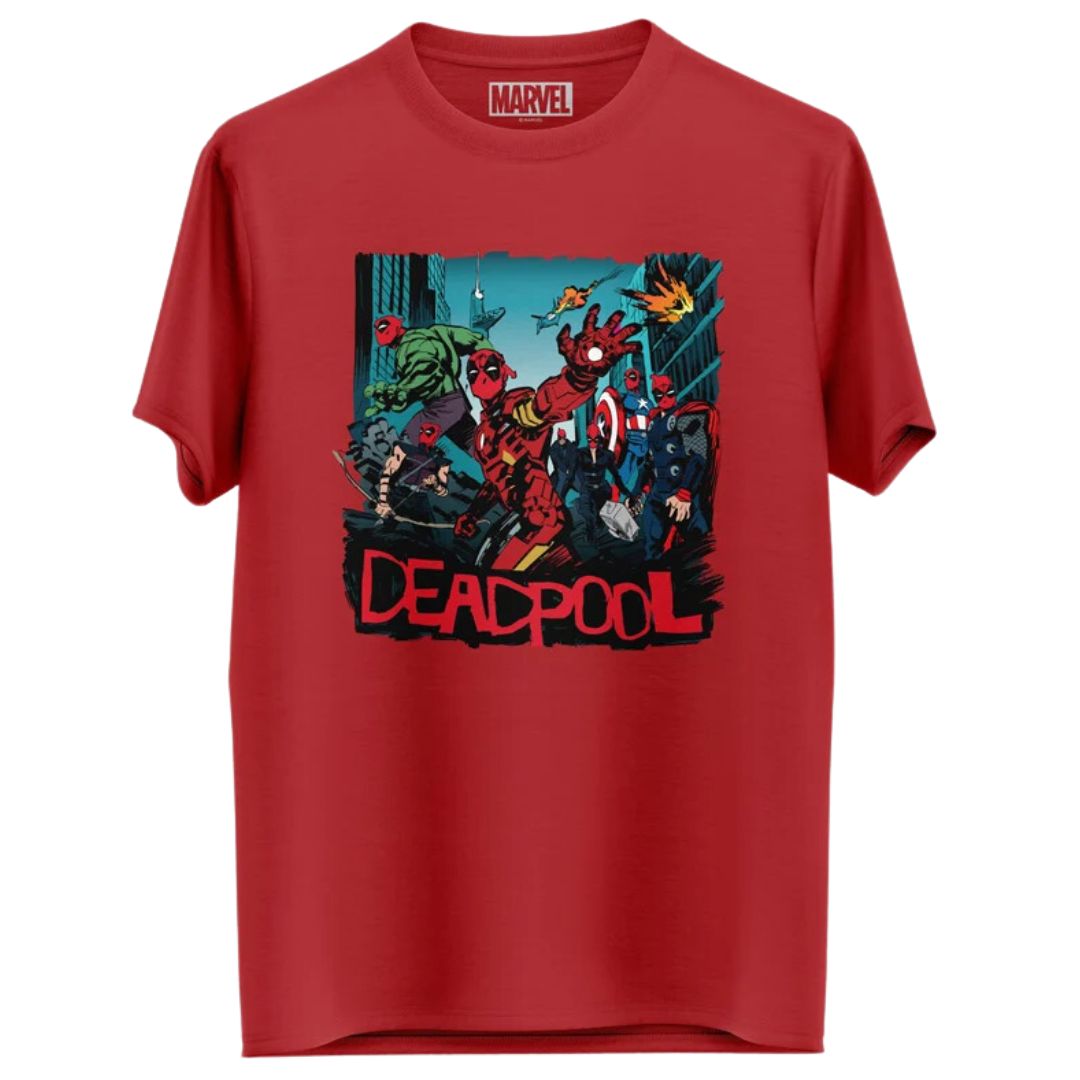 Deadpools Assemble! - Marvel Official T-Shirt -Redwolf - India - www.superherotoystore.com