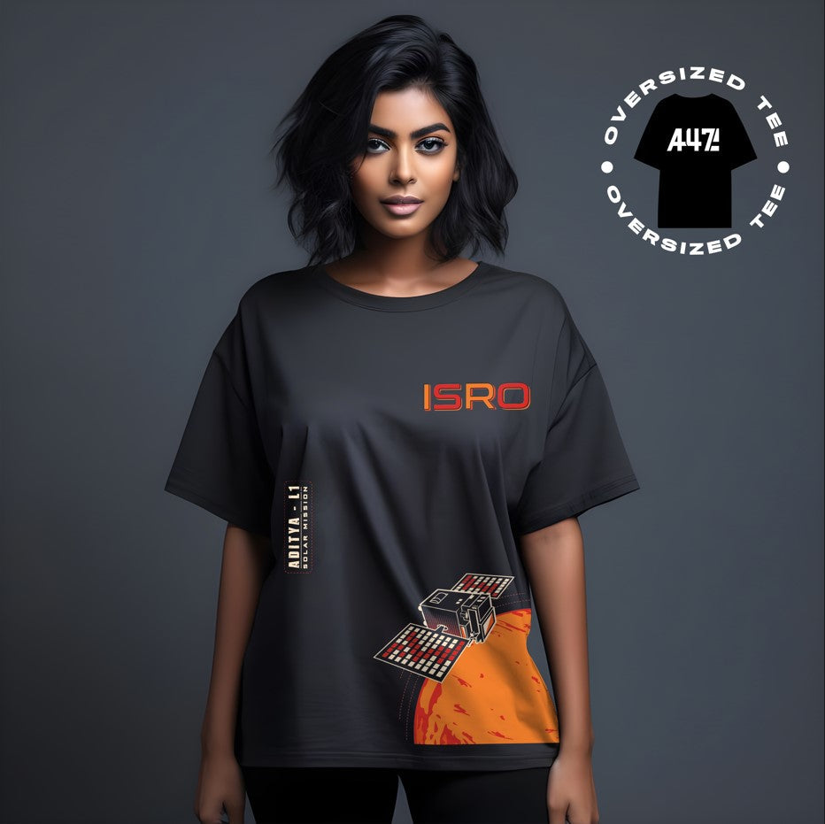 ISRO Aditya L1 Black Oversized T-Shirt -A47 - India - www.superherotoystore.com