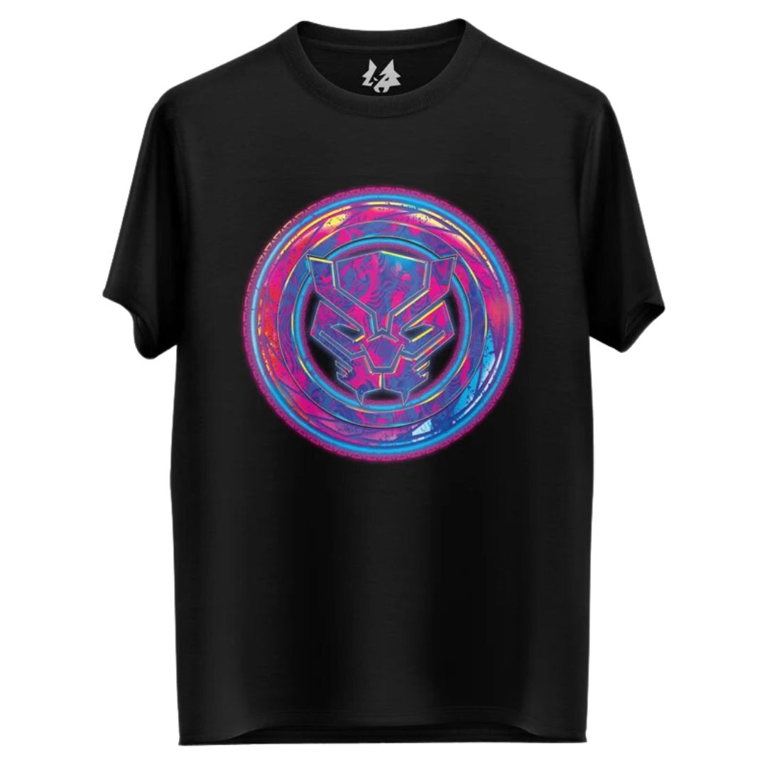 Black Panther: Neon Logo - Marvel Official Black T-shirt -Redwolf - India - www.superherotoystore.com