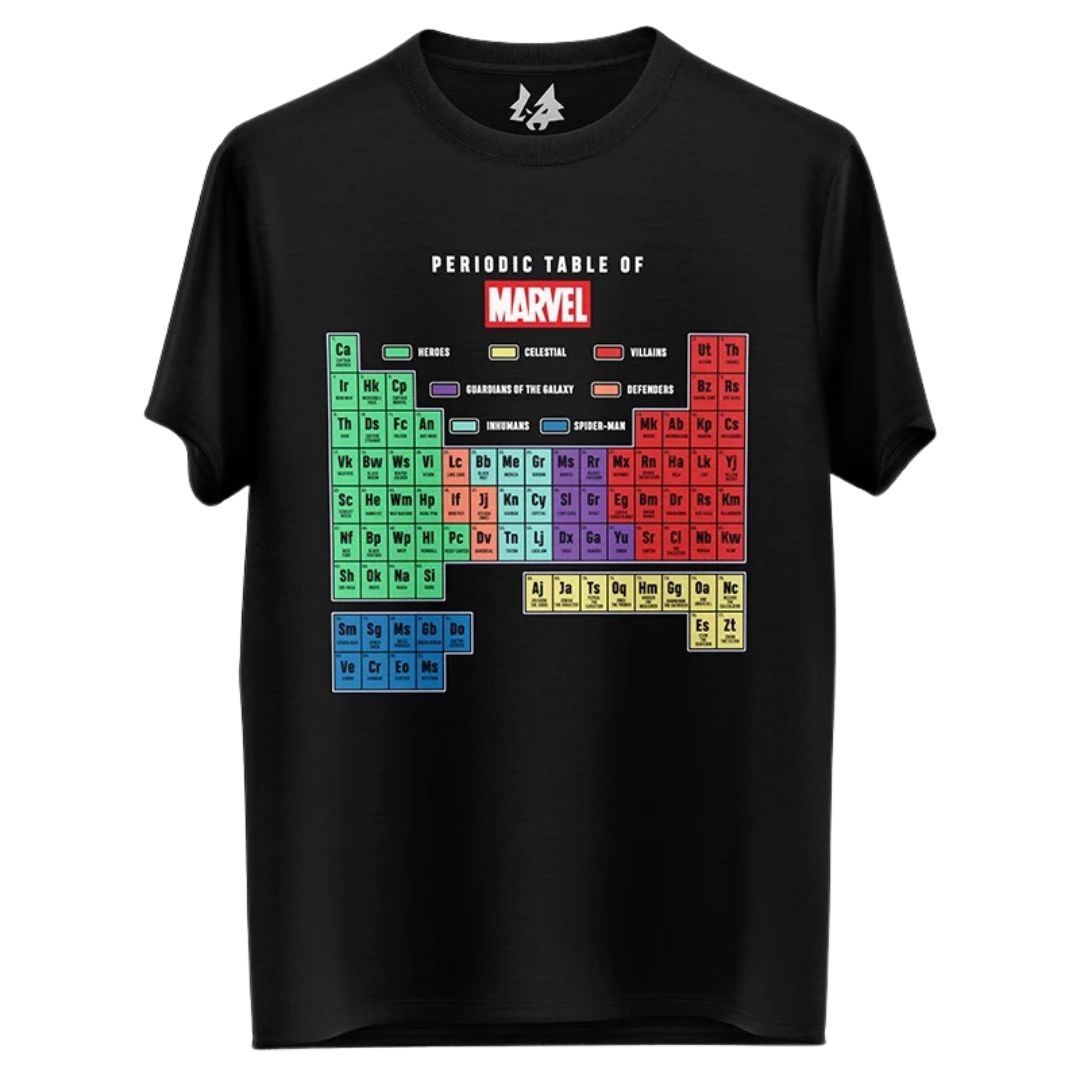 Marvel Comics Periodic Table Official T-Shirt -Redwolf - India - www.superherotoystore.com