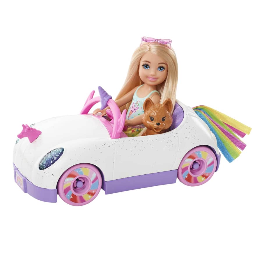 Barbie Club Chelsea Doll with Unicorn Themed Car Pet Puppy by Mattel