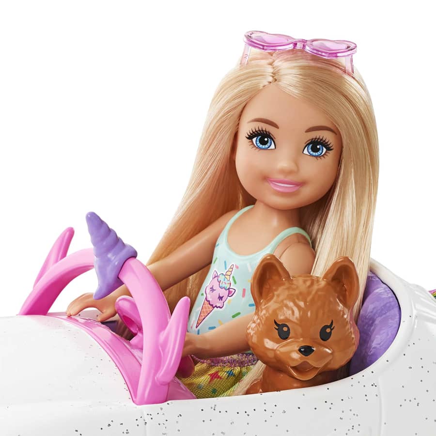 Barbie Club Chelsea Doll with Unicorn Themed Car Pet Puppy by Mattel